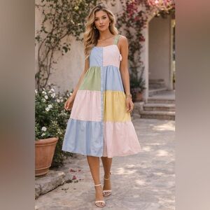 Aureum Pastel Patchwork Tiered Midi Dress – Size L – Cotton
